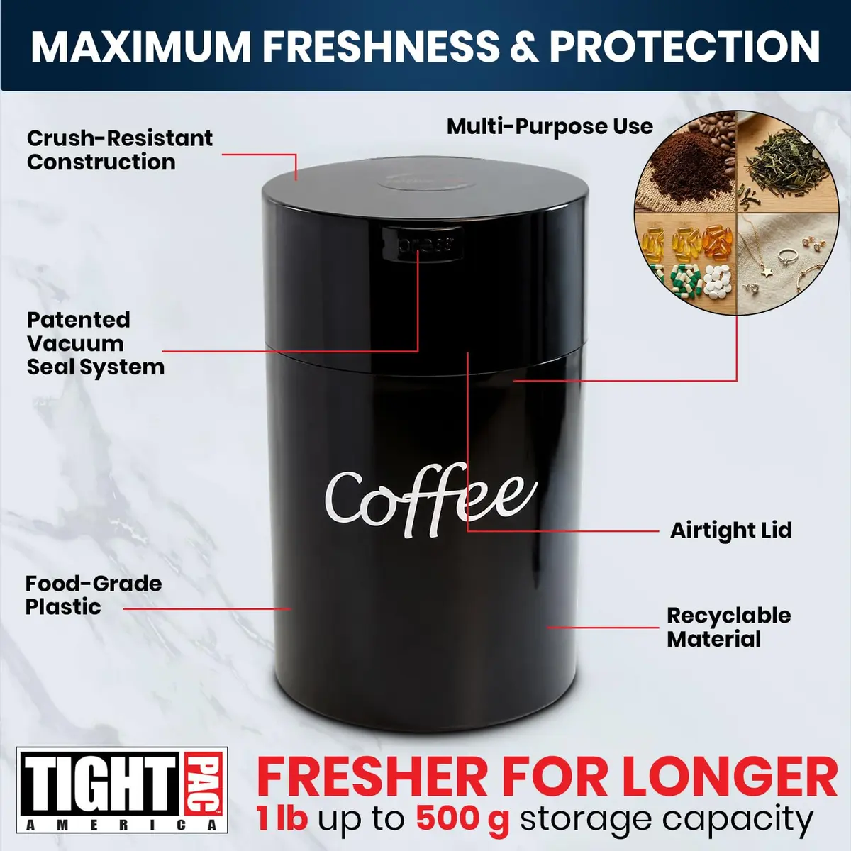 COFFEEVAC 1LB – Patented Airtight Container | Multi-use Vacuum Container for Coffee & Tea, Black with Logo - view 4