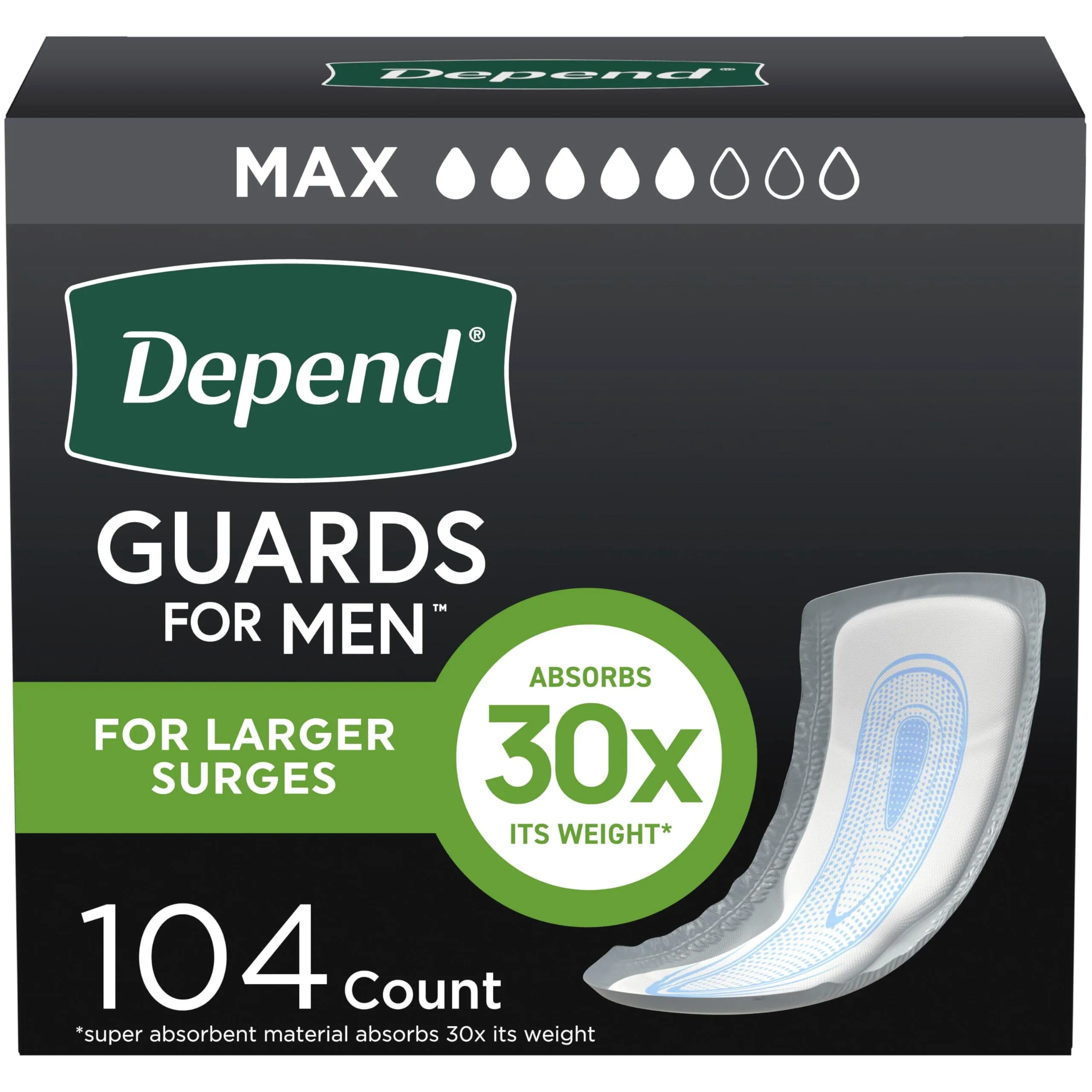 Depend Guards for Men, Maximum Absorbency, 104 Count (2 Packs of 52) | USA-Imported Incontinence Protection - main product image