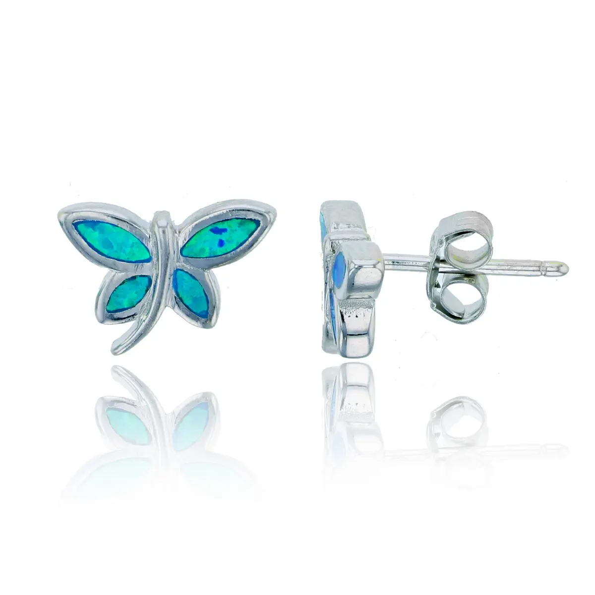 DECADENCE Rhodium Polished Created Opal Stud Earrings for Women | Butterfly 11.5x11mm | Blue Green Turquoise | 925 Sterling Silver Pushbacks - main product image