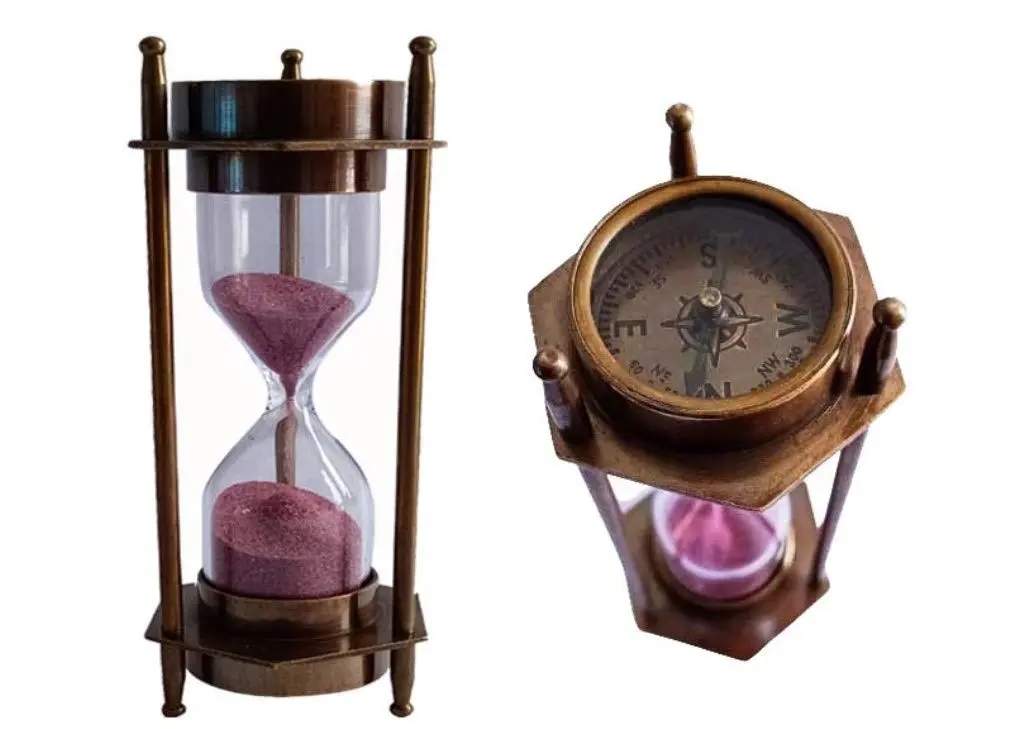 THOR INSTRUMENTS 5" Brass Sand Timer Hourglass with Nautical Compass | Rustic Vintage Home Decor Gift - main product image