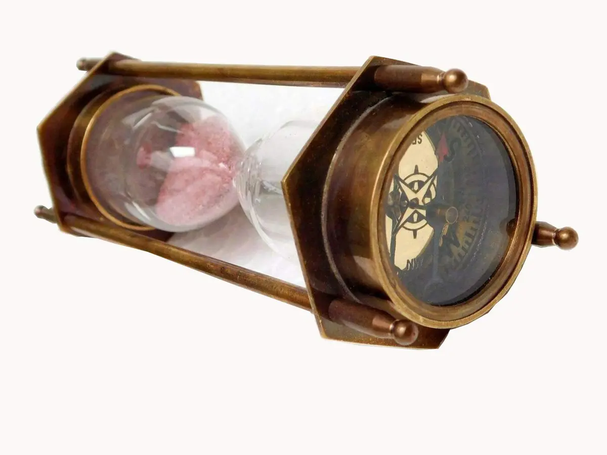 THOR INSTRUMENTS 5" Brass Sand Timer Hourglass with Nautical Compass | Rustic Vintage Home Decor Gift - view 2