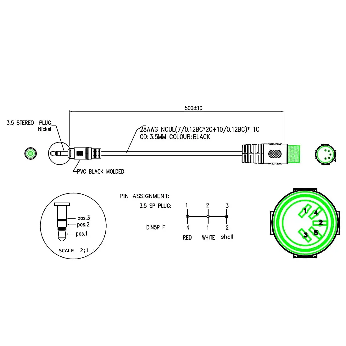 SinLoon 5-Pin DIN-Male to 3.5mm TRS Stereo Audio Cable 0.5m (1.5ft) | Connects European Stereo Equipment to Modern Devices - view 3
