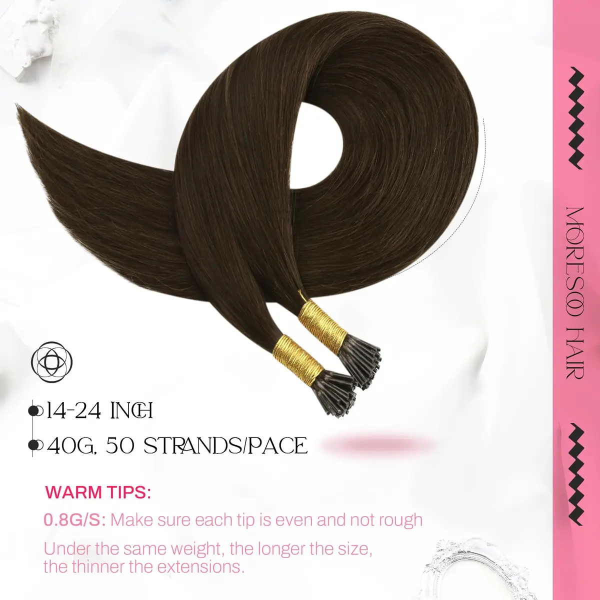 Moresoo Itip Human Hair Extensions 18 Inch | Natural Brown, Micro-Ring & Cold Fusion - view 2