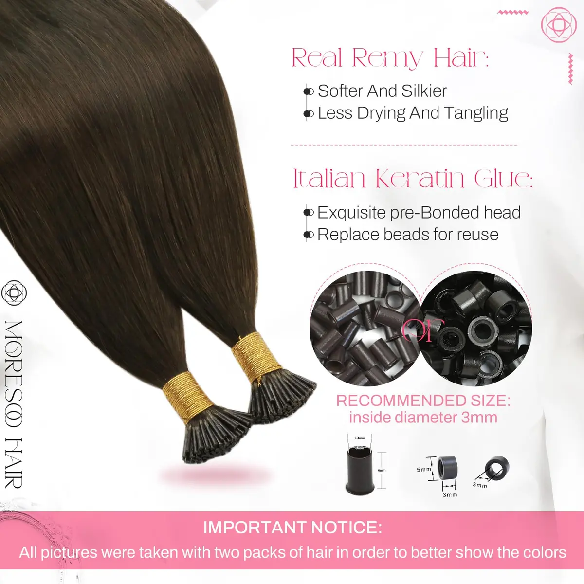 Moresoo Itip Human Hair Extensions 18 Inch | Natural Brown, Micro-Ring & Cold Fusion - view 3