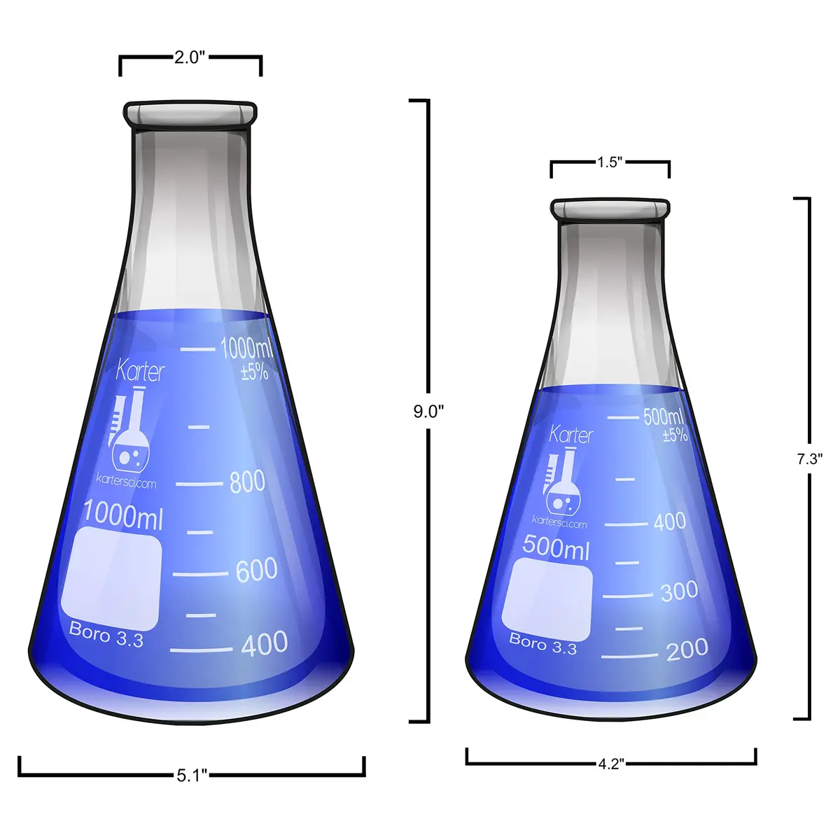 Karter Scientific Glass Flask 5 Piece Set, Borosilicate 3.3, 50ml-1000ml | Heavy Duty Reusable - view 3
