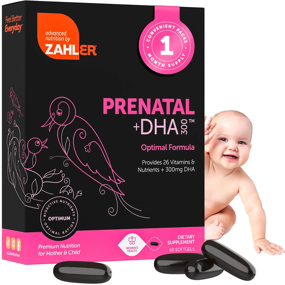 Zahler Prenatal +DHA 300 - Prenatal Vitamin with Methylated Folate & DHA for Pregnant Women - Support for Mom & Baby - 60 Softgels - main product image