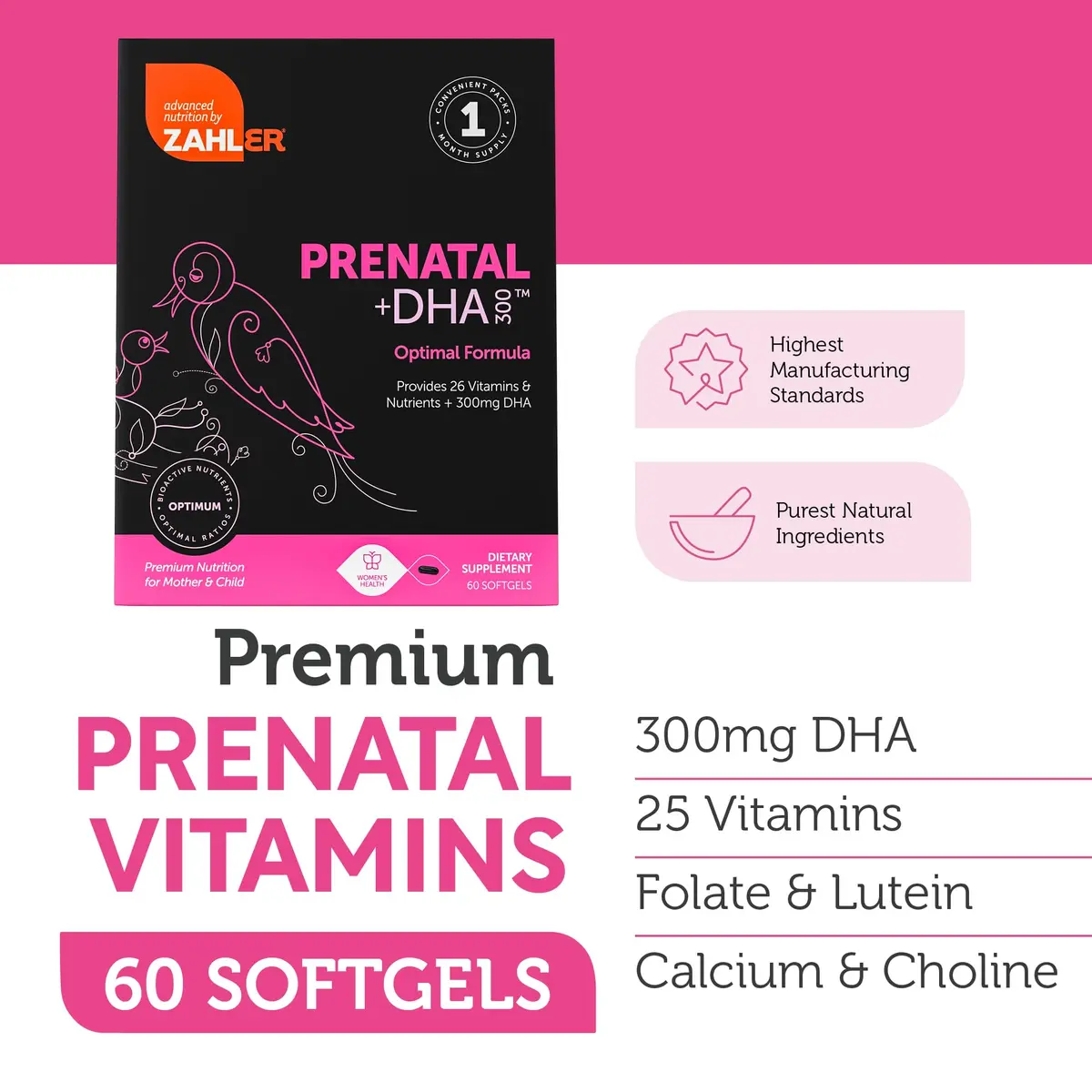 Zahler Prenatal +DHA 300 - Prenatal Vitamin with Methylated Folate & DHA for Pregnant Women - Support for Mom & Baby - 60 Softgels - view 3