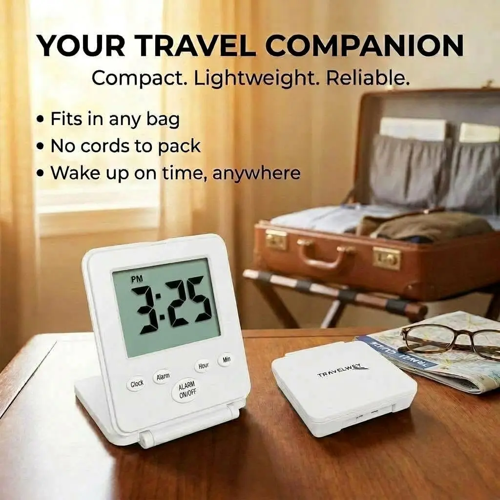 Travelwey Simple Digital Travel Alarm Clock White | Loud Alarm, Snooze, Travel Mode, Battery Powered - view 5