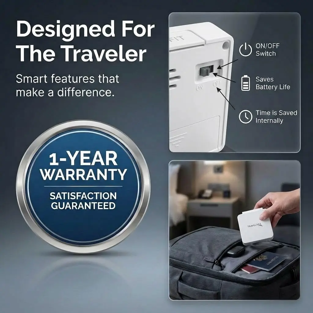 Travelwey Simple Digital Travel Alarm Clock White | Loud Alarm, Snooze, Travel Mode, Battery Powered - view 7