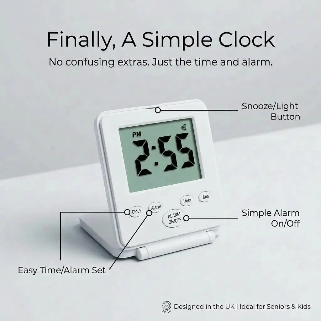 Travelwey Simple Digital Travel Alarm Clock White | Loud Alarm, Snooze, Travel Mode, Battery Powered - view 2