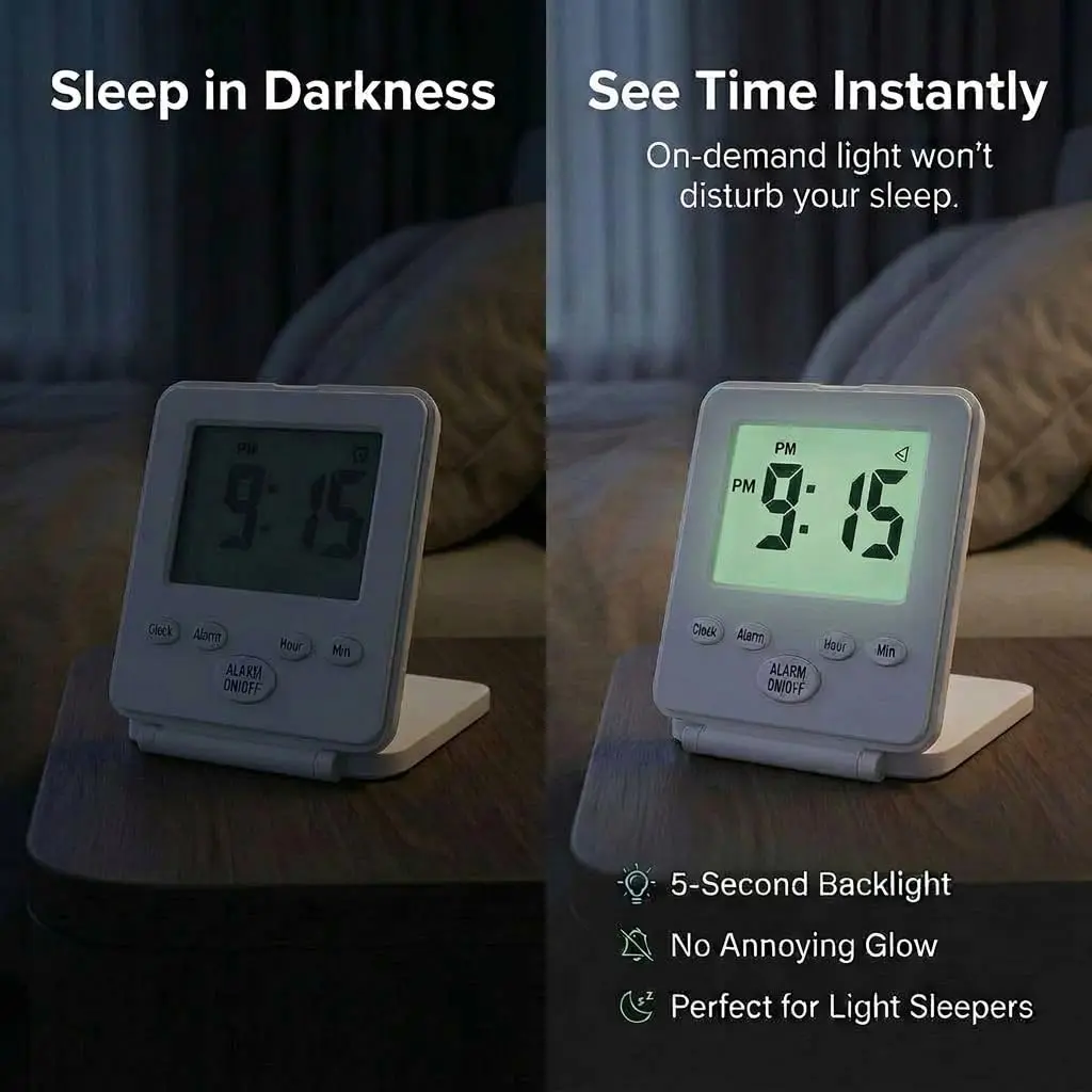 Travelwey Simple Digital Travel Alarm Clock White | Loud Alarm, Snooze, Travel Mode, Battery Powered - view 3