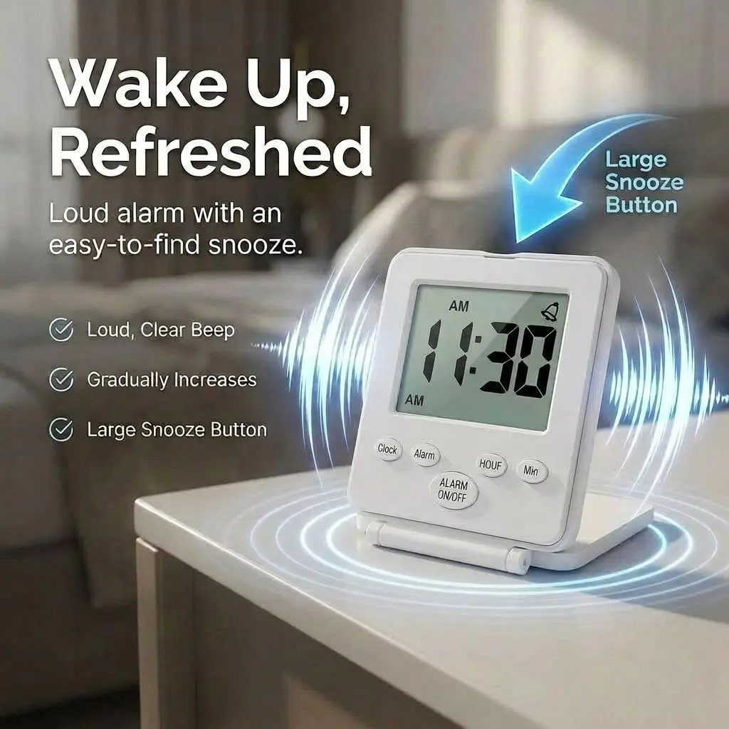 Travelwey Simple Digital Travel Alarm Clock White | Loud Alarm, Snooze, Travel Mode, Battery Powered - view 4