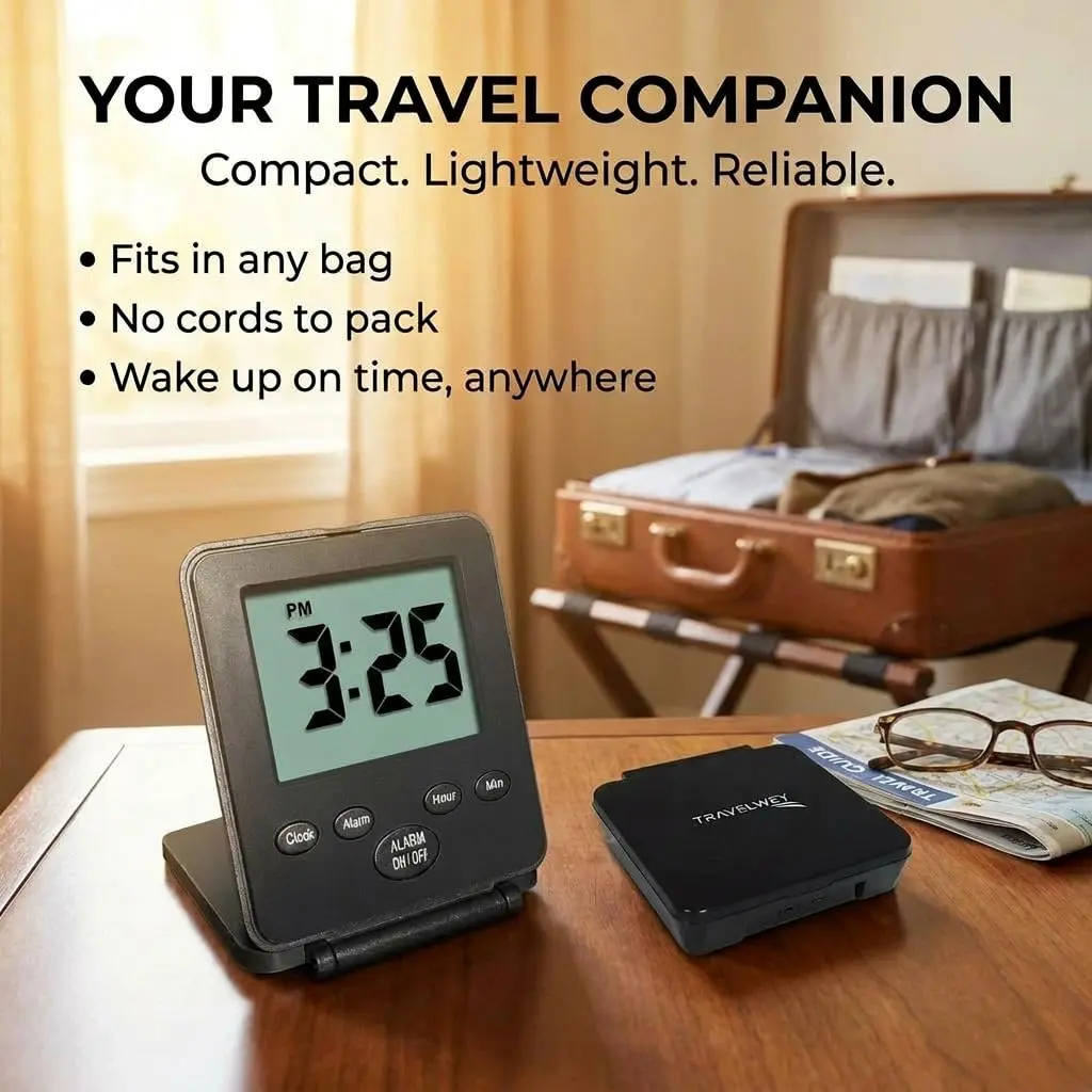 Travelwey Digital Travel Alarm Clock - Black | Simple Operation, Loud Alarm, Snooze, On/Off Switch, 2 AAA Battery Powered - view 5