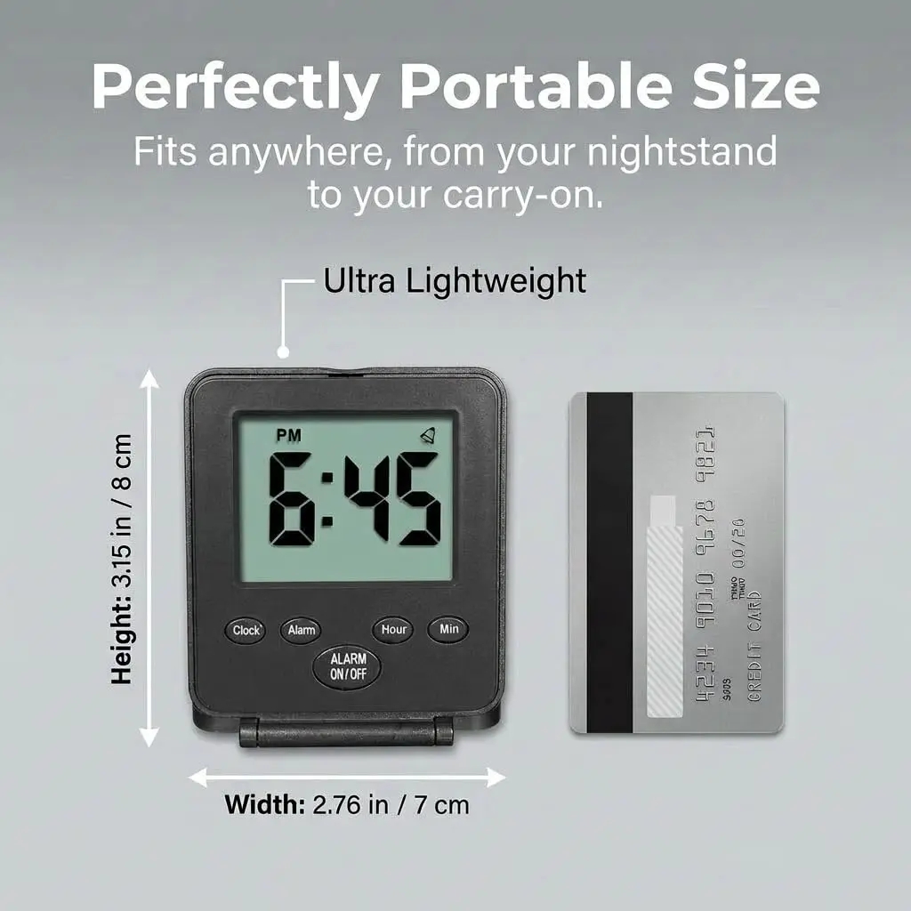 Travelwey Digital Travel Alarm Clock - Black | Simple Operation, Loud Alarm, Snooze, On/Off Switch, 2 AAA Battery Powered - view 6