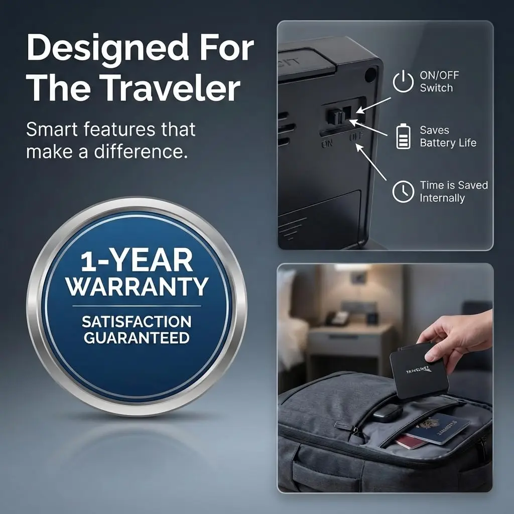 Travelwey Digital Travel Alarm Clock - Black | Simple Operation, Loud Alarm, Snooze, On/Off Switch, 2 AAA Battery Powered - view 7