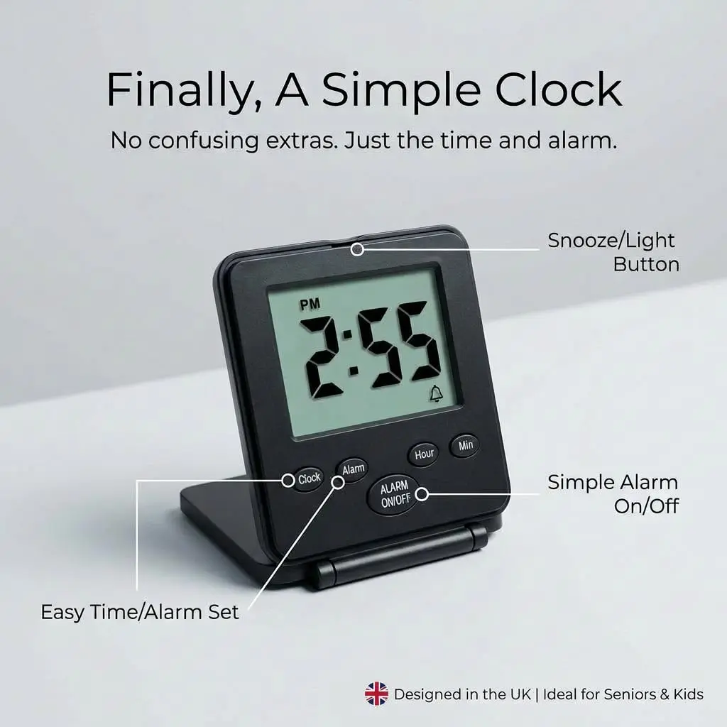 Travelwey Digital Travel Alarm Clock - Black | Simple Operation, Loud Alarm, Snooze, On/Off Switch, 2 AAA Battery Powered - view 2