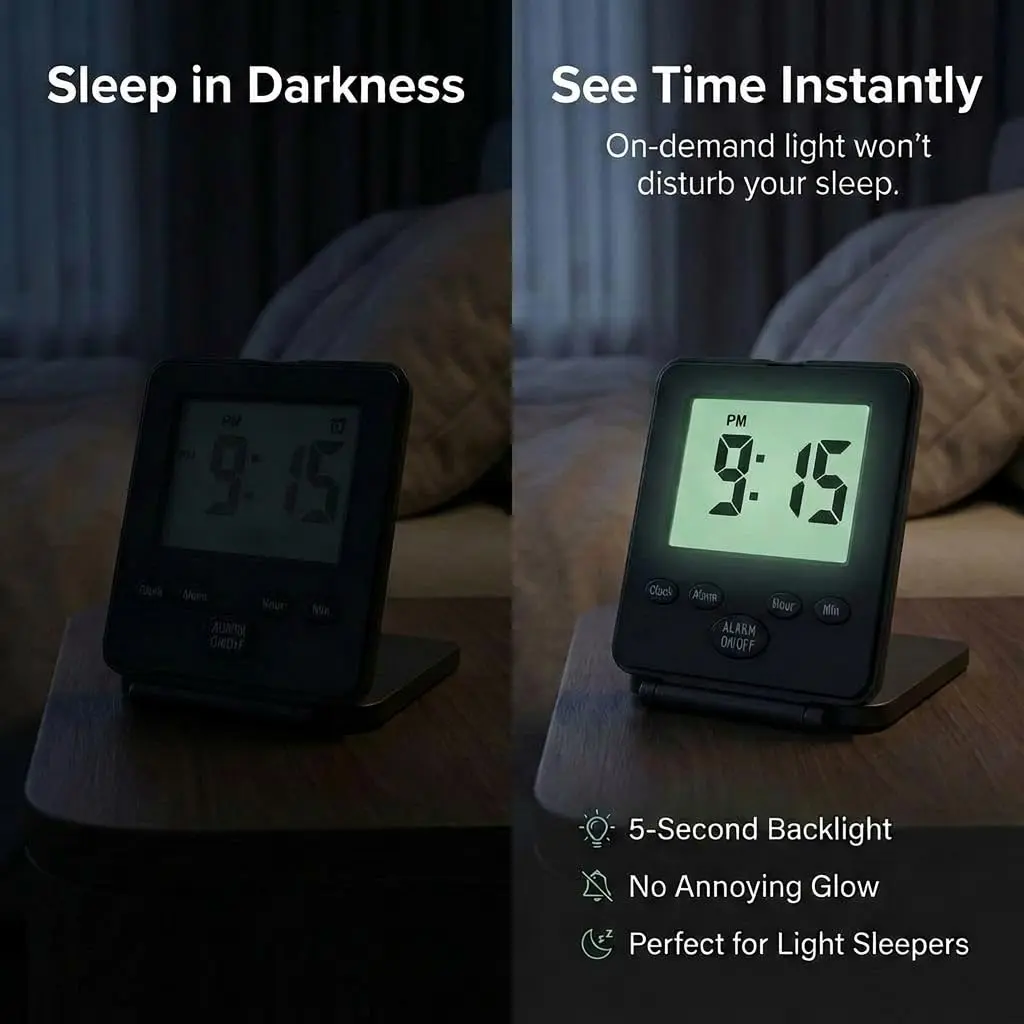 Travelwey Digital Travel Alarm Clock - Black | Simple Operation, Loud Alarm, Snooze, On/Off Switch, 2 AAA Battery Powered - view 3