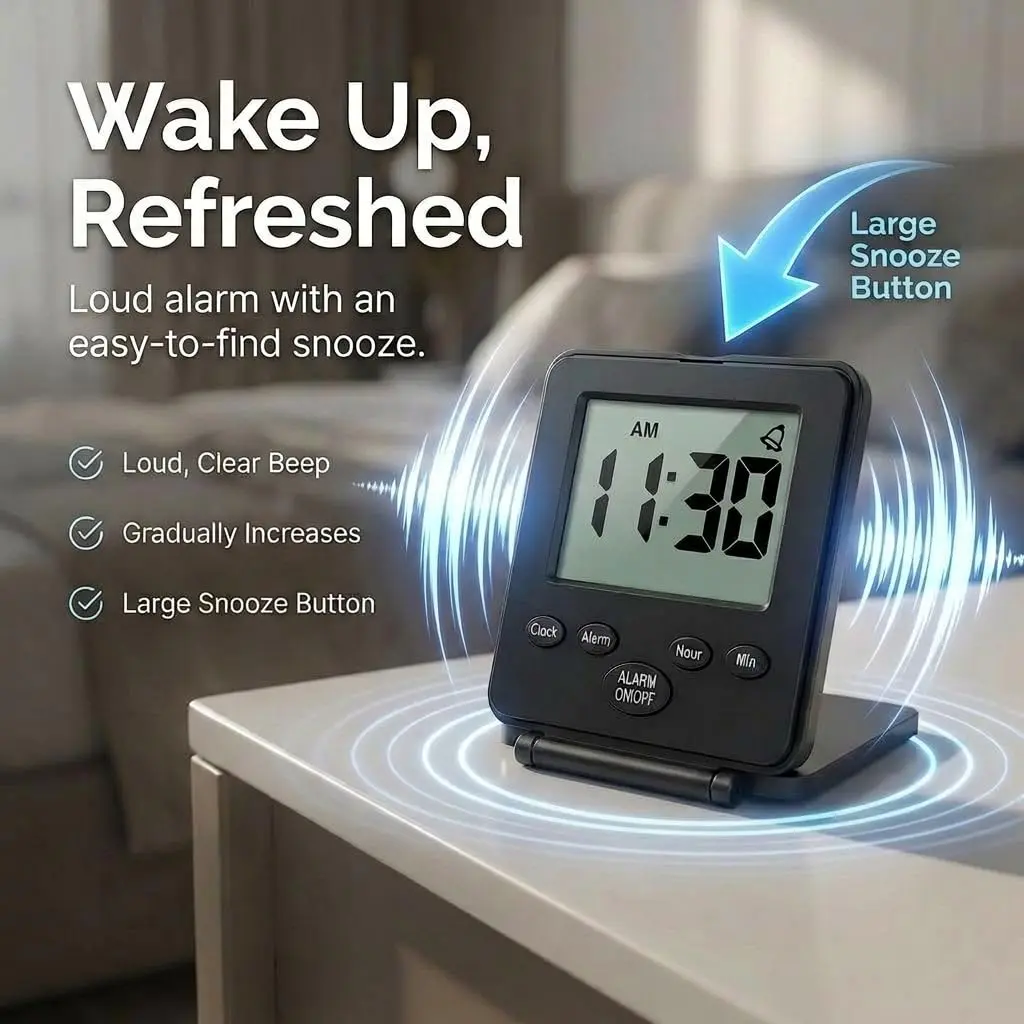 Travelwey Digital Travel Alarm Clock - Black | Simple Operation, Loud Alarm, Snooze, On/Off Switch, 2 AAA Battery Powered - view 4