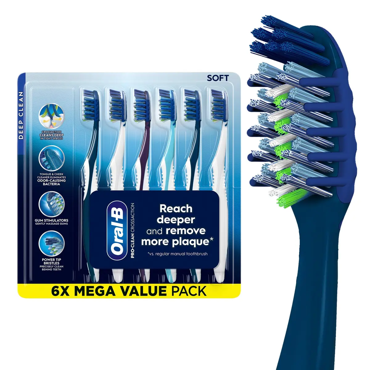 Oral-B Pro Clean Cross Action Toothbrushes, Deep Plaque Removal, 6 Count | Soft Bristles for Deep Clean & Gum Care - main product image