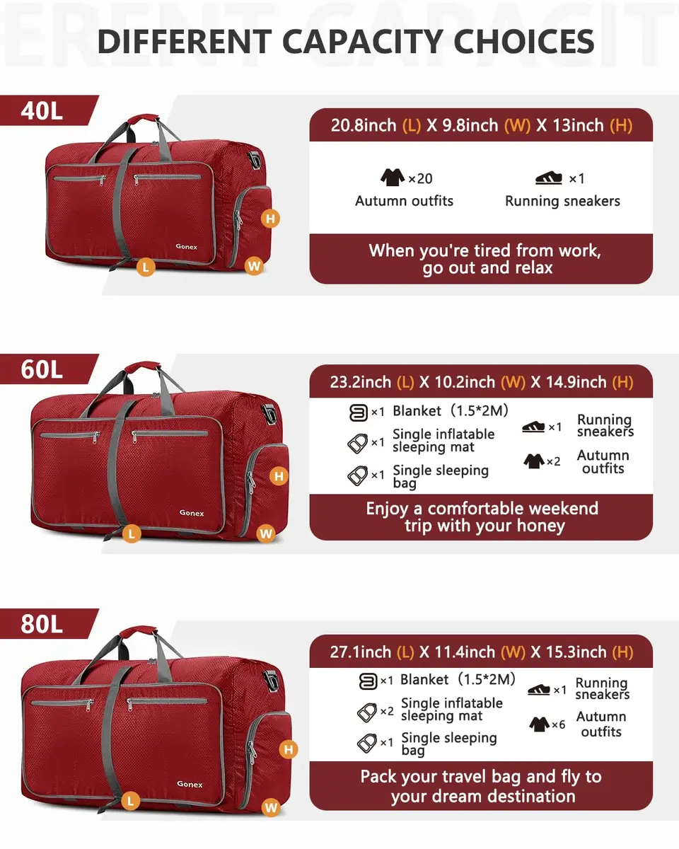 Gonex 60L Foldable Travel Duffle Bag with Shoe Compartment, Lightweight | 60L Capacity, Water-Resistant, Compact & Durable - view 5