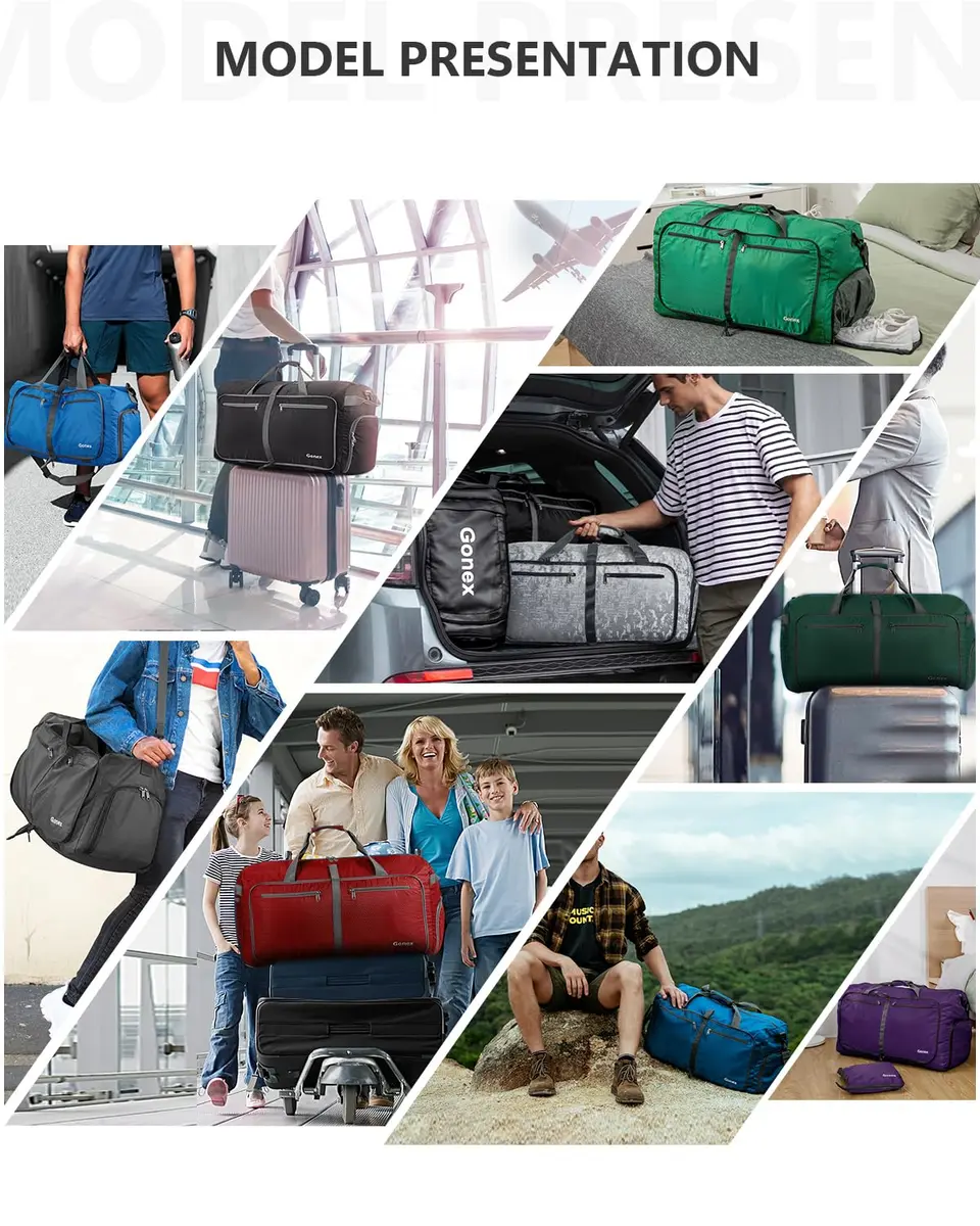 Gonex 60L Foldable Travel Duffle Bag with Shoe Compartment, Lightweight | 60L Capacity, Water-Resistant, Compact & Durable - view 9
