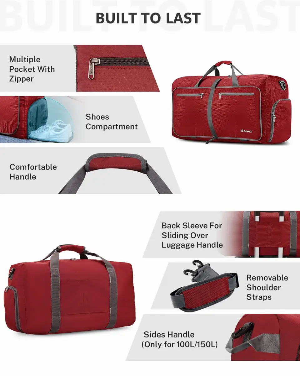 Gonex 60L Foldable Travel Duffle Bag with Shoe Compartment, Lightweight | 60L Capacity, Water-Resistant, Compact & Durable - view 4