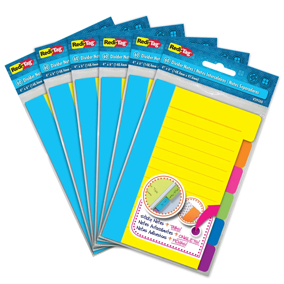 Redi-Tag Self-Stick Divider Notes 4x6 Inches Neon Colors Pack of 6 | Color-Coded Index Tabs for Office & School - main product image