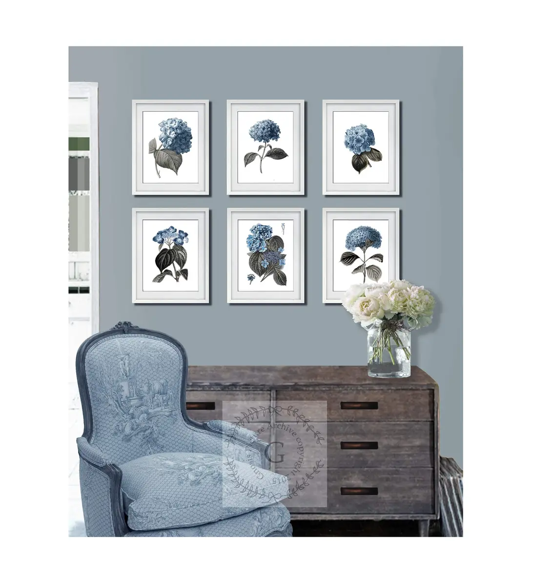 Gnosis Picture Archive Blue Hydrangea Botanical Art Prints Set of 6 (8x10 inch image on 8.5x11 inch paper) | Antique Floral Gallery Wall Decor - view 3