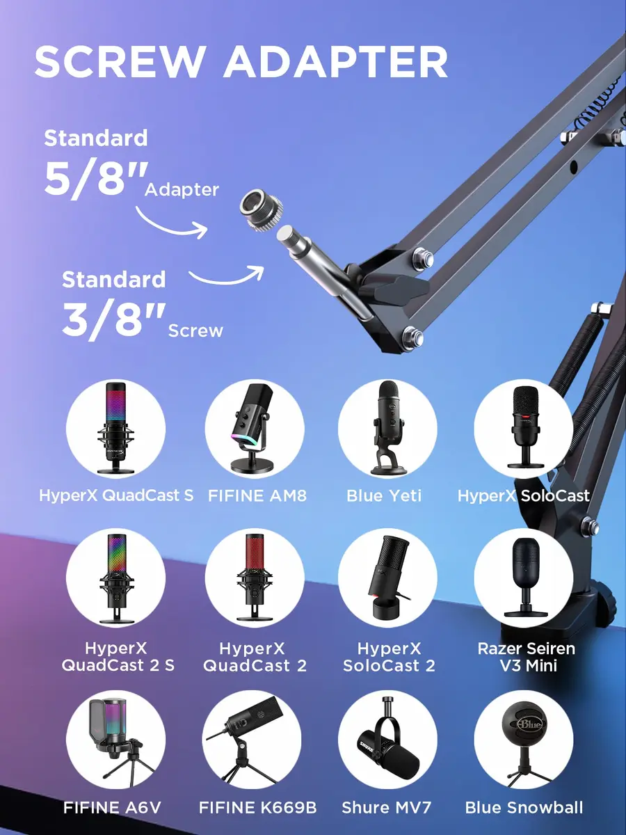 InnoGear Microphone Boom Arm Stand for Blue Yeti Fifine HyperX | Adjustable, Heavy-Duty Steel, Space-Saving Design - view 2
