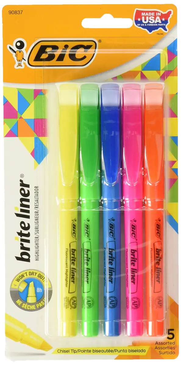 BIC Brite Liner Highlighters, Chisel Tip, Assorted Colors, 10-Count (2 Packs of 5) | Bright, Durable Marking Pen for Students & Professionals - main product image