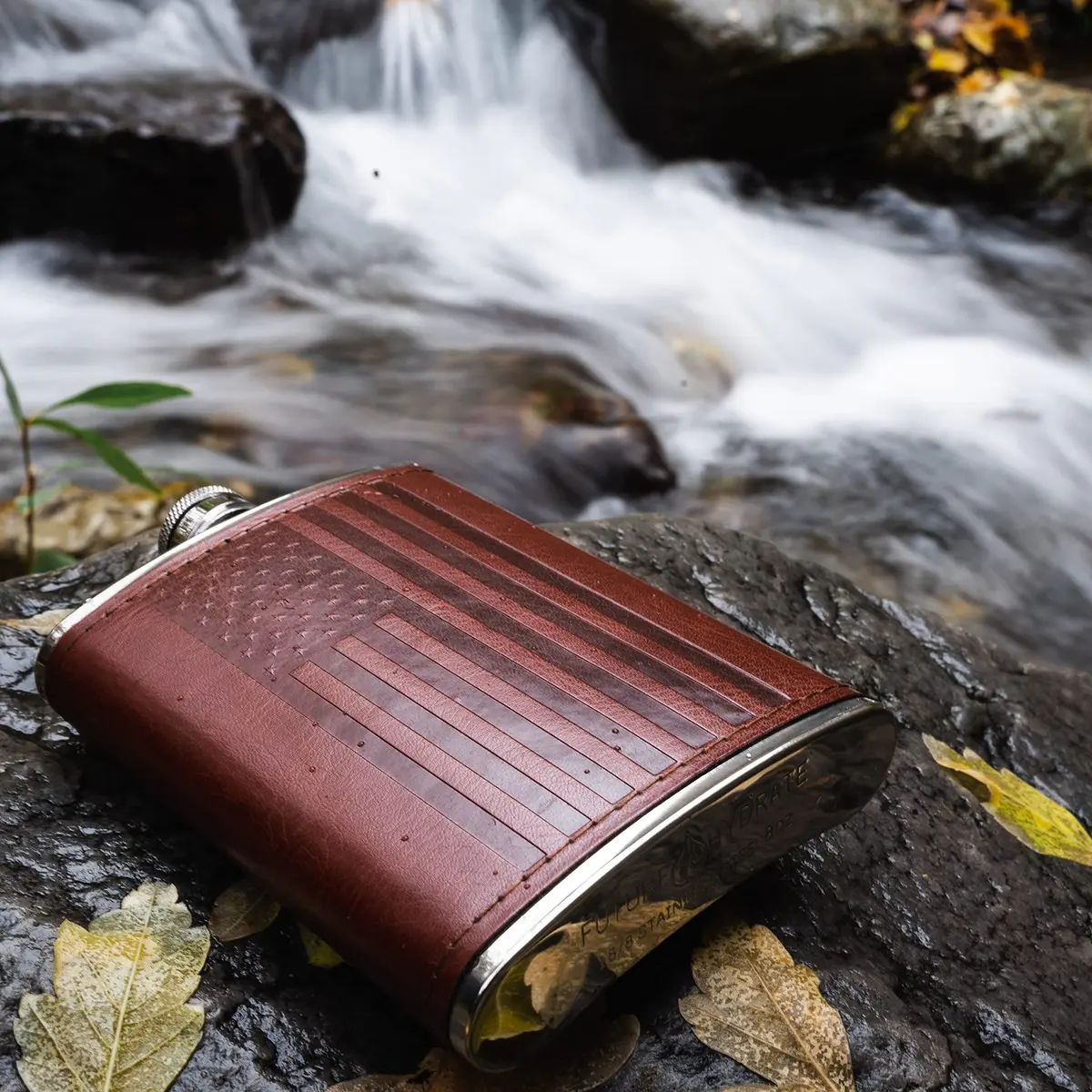 Future Hydrate Leather American Flag Hip Flask 8oz | Leak Proof Food Grade Stainless Steel - view 4