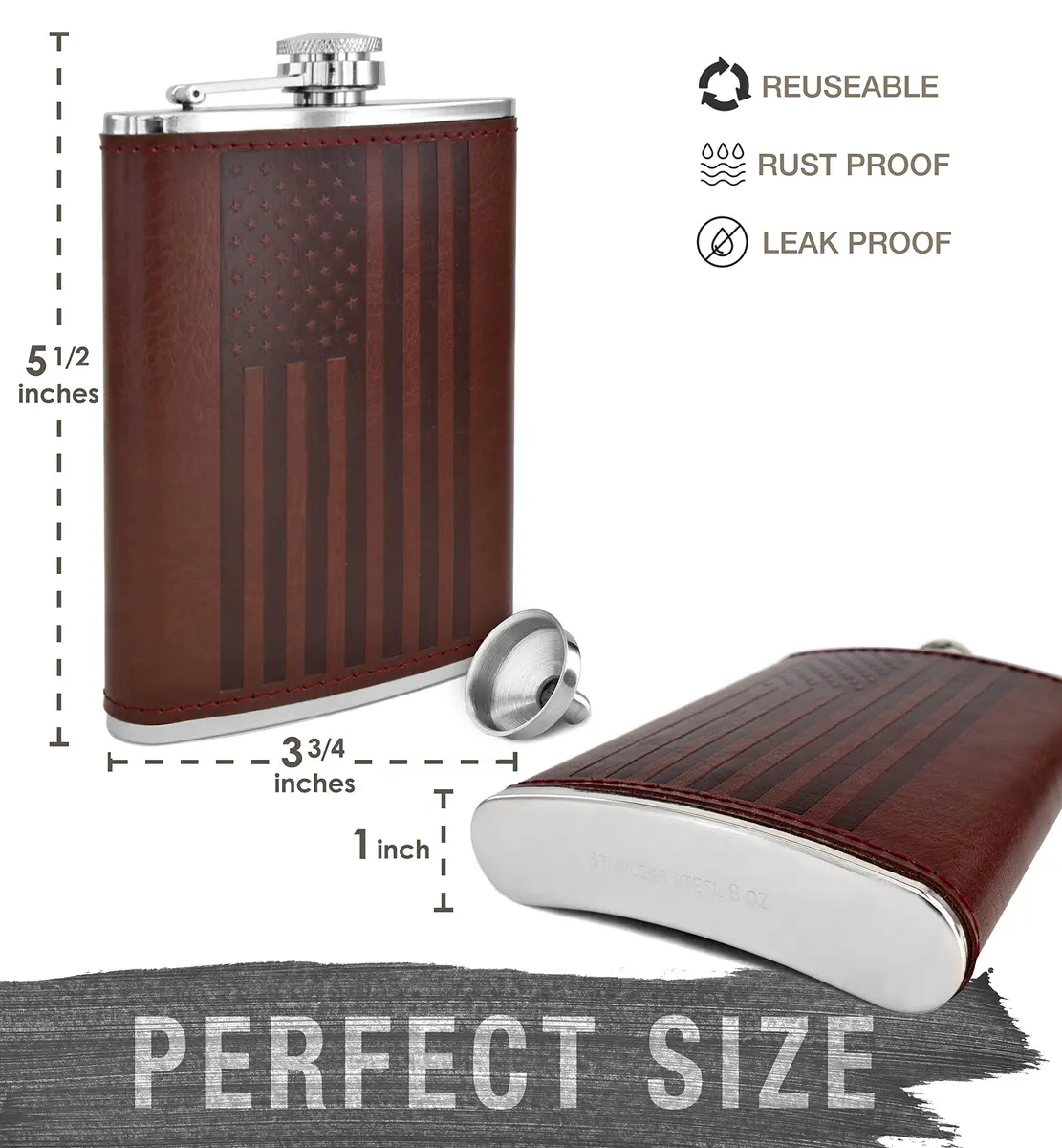Future Hydrate Leather American Flag Hip Flask 8oz | Leak Proof Food Grade Stainless Steel - view 5