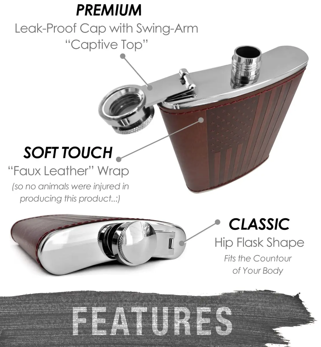 Future Hydrate Leather American Flag Hip Flask 8oz | Leak Proof Food Grade Stainless Steel - view 6