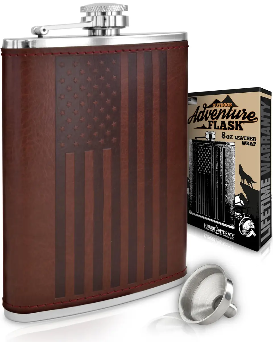 Future Hydrate Leather American Flag Hip Flask 8oz | Leak Proof Food Grade Stainless Steel - main product image