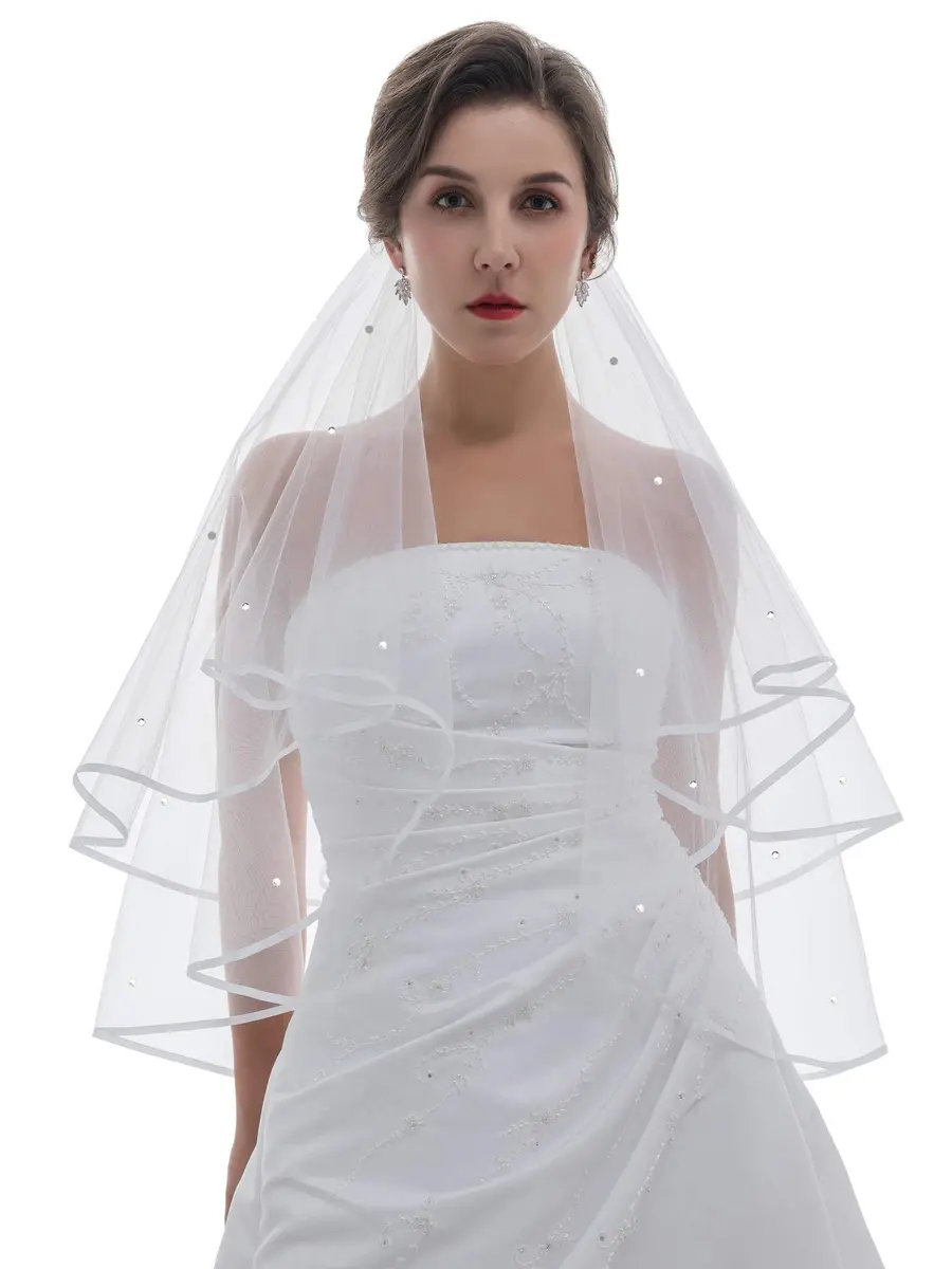 SAMKY Bridal Veil Fingertip Length 36" | Crystal Ribbon Edge, Rhinestones, Metal Comb - main product image