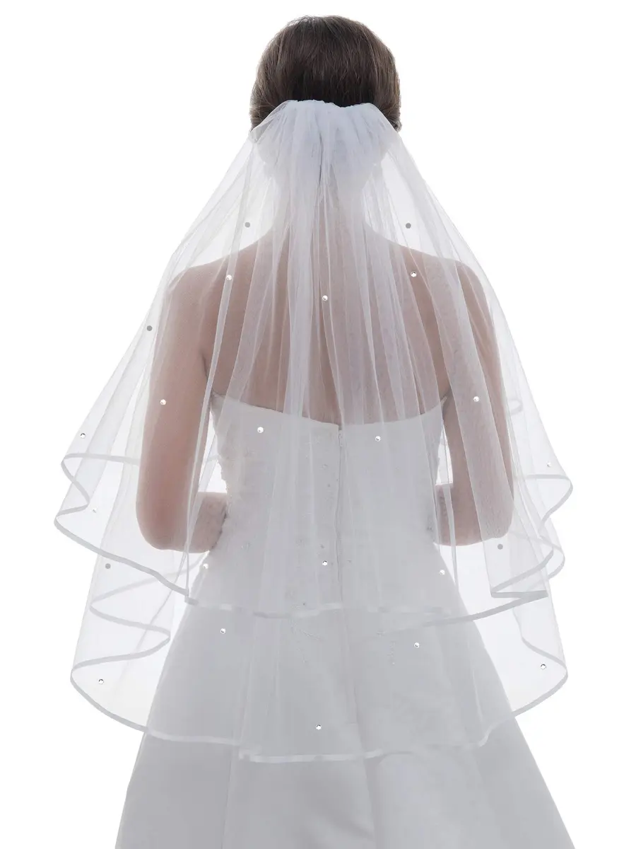 SAMKY Bridal Veil Fingertip Length 36" | Crystal Ribbon Edge, Rhinestones, Metal Comb - view 2