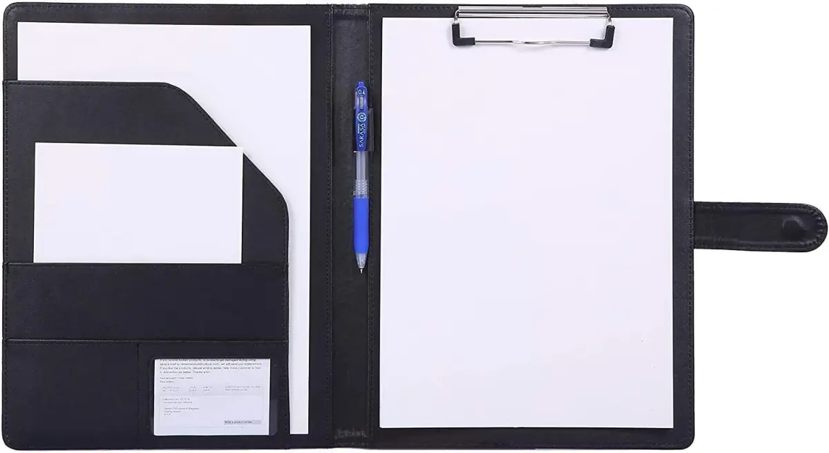 Mymazn Black Faux Leather Padfolio Clipboard Folder Portfolio with Pen Holder for Letter Size A4 Writing Pad | Professional Business & Office Organizer - main product image