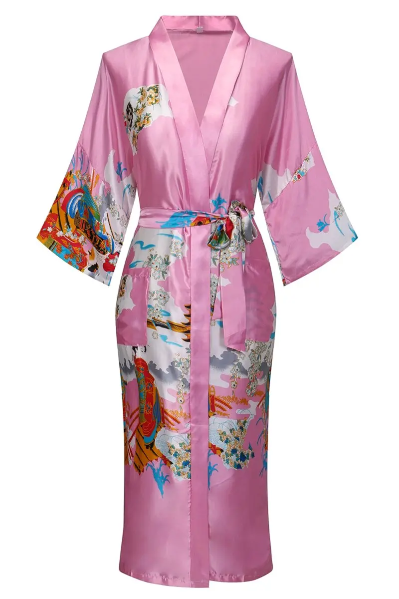 DandyChic Women's Kimono Robe Pagoda Print Imitation Silk Long Style X-Large Pink | Elegant Floral Kimono for Lounge & Sleep - main product image