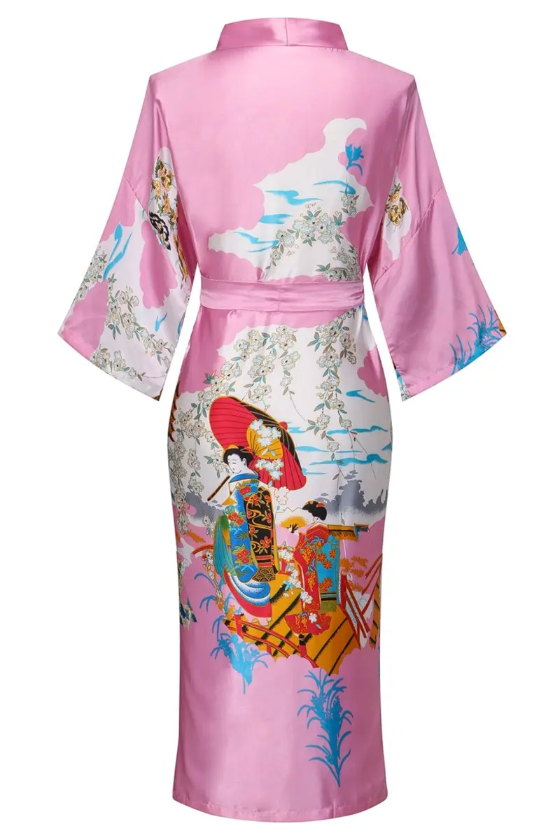 DandyChic Women's Kimono Robe Pagoda Print Imitation Silk Long Style X-Large Pink | Elegant Floral Kimono for Lounge & Sleep - view 2