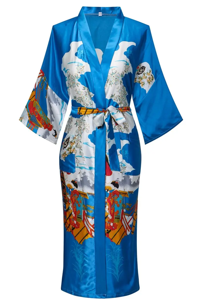 DandyChic Women's Kimono Robe Pagoda Print Imitation Silk Small Blue | Elegant Floral Lounge Wear - main product image