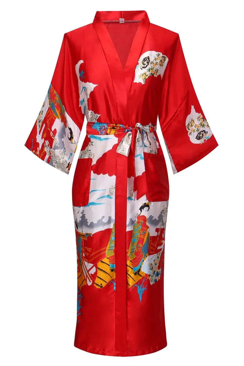 DandyChic Women's Kimono Robe Pagoda Print Imitation Silk Medium Red | Elegant Floral Long Style - main product image