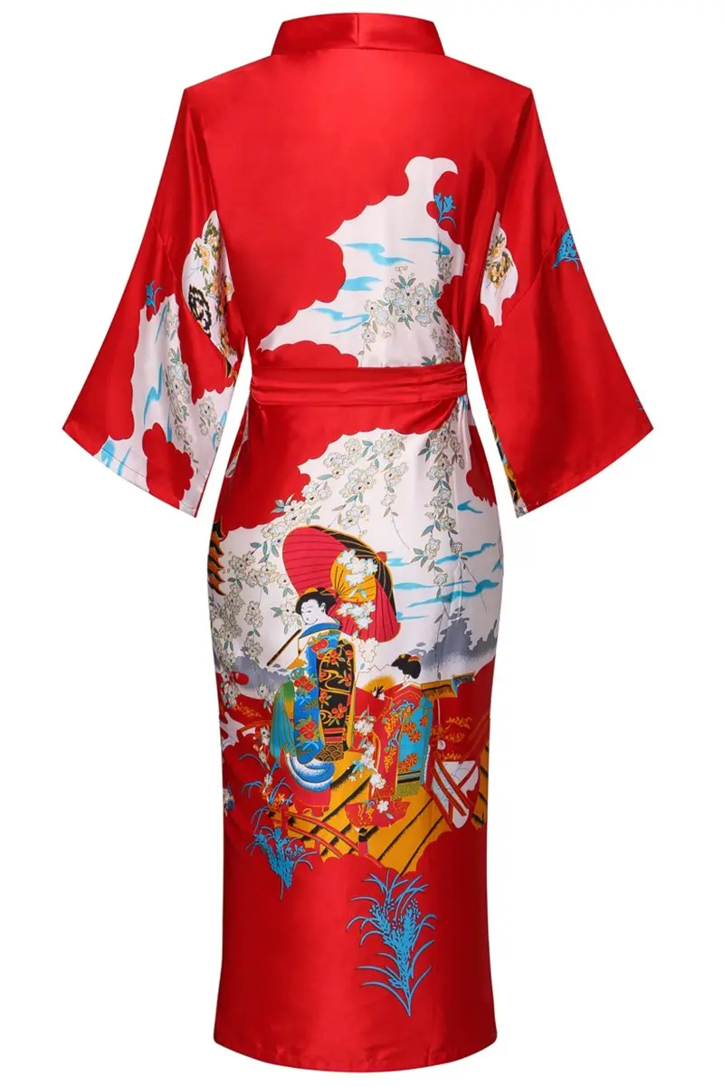 DandyChic Women's Kimono Robe Pagoda Print Imitation Silk Medium Red | Elegant Floral Long Style - view 2