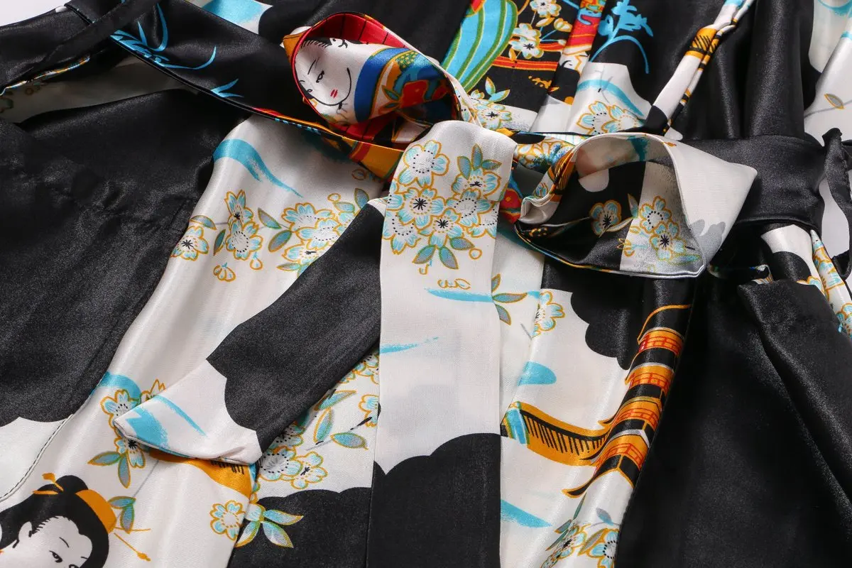 DandyChic Women's Kimono Robe Pagoda Print Imitation Silk Small Black | Elegant Floral Lounge - view 5