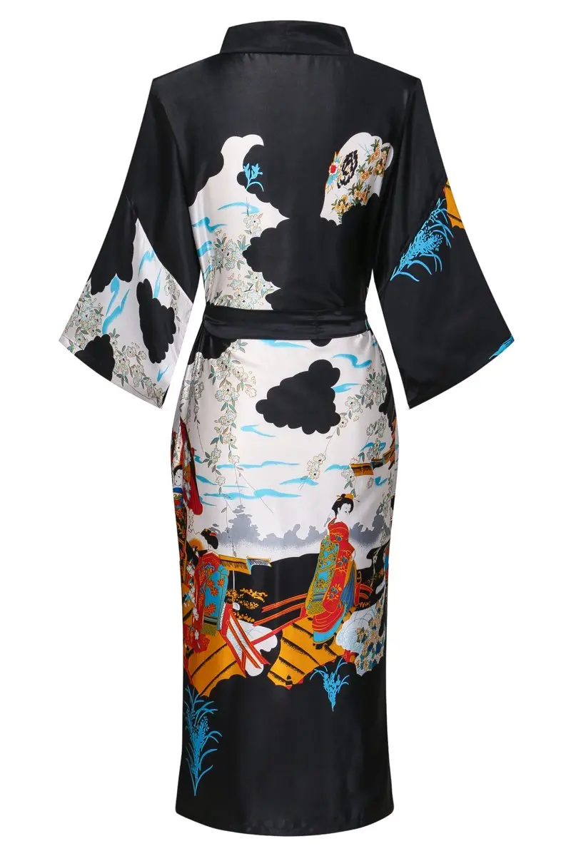 DandyChic Women's Kimono Robe Imitation Silk Long Style Medium Black | Floral Pagoda Print, Relaxed Fit - view 2