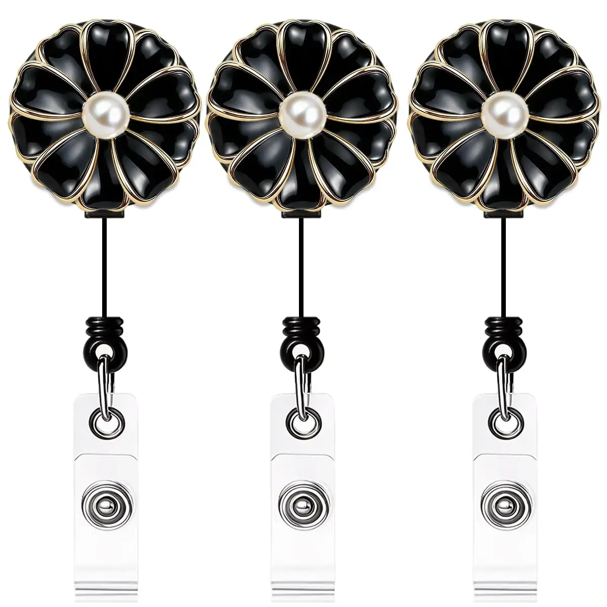 Qinsuee Retractable Badge Holder, ID Badge Reel with Pearl, 3 Pack (Black) | Durable Stainless Steel Clip, 24-inch Max Retract - main product image