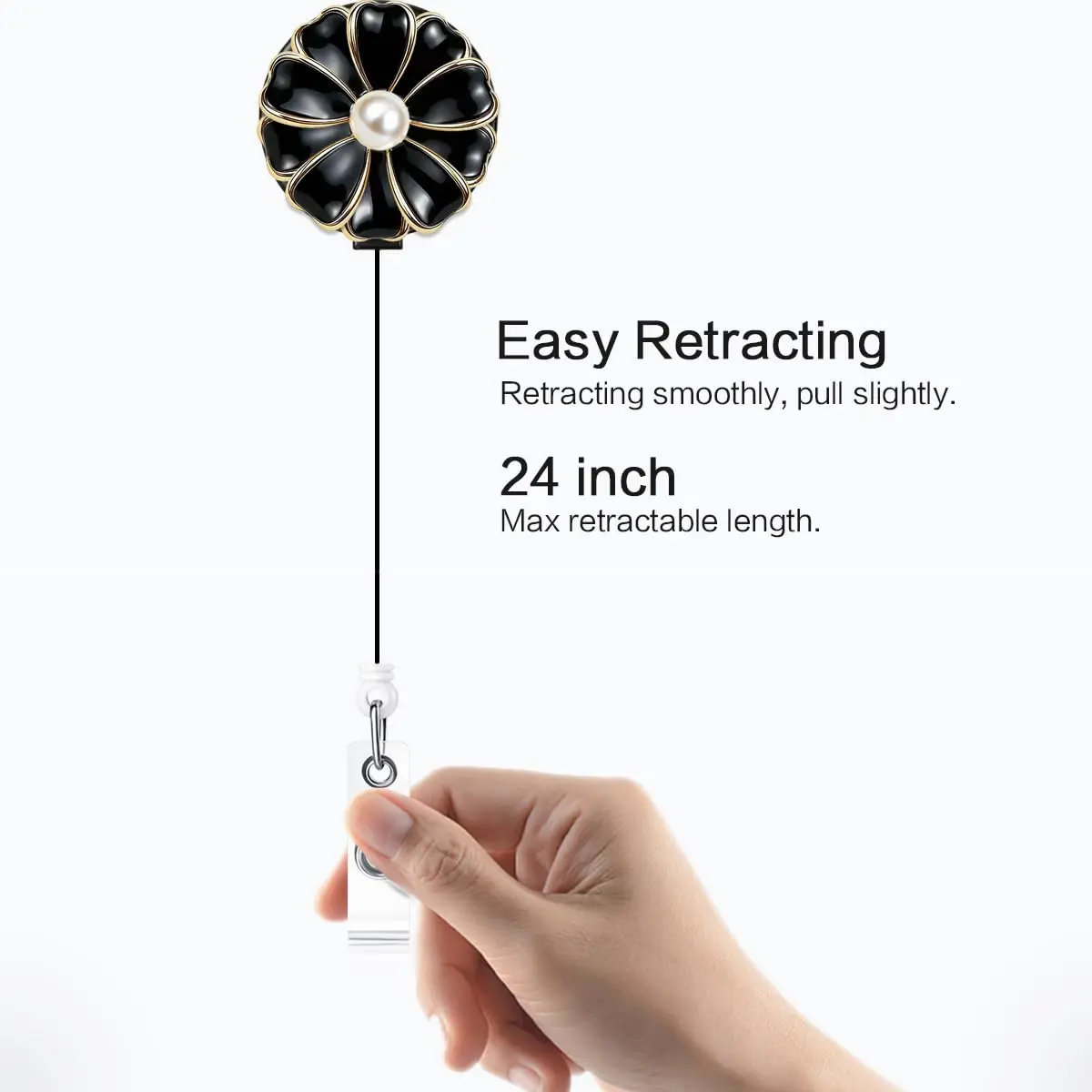Qinsuee Retractable Badge Holder, ID Badge Reel with Pearl, 3 Pack (Black) | Durable Stainless Steel Clip, 24-inch Max Retract - view 5