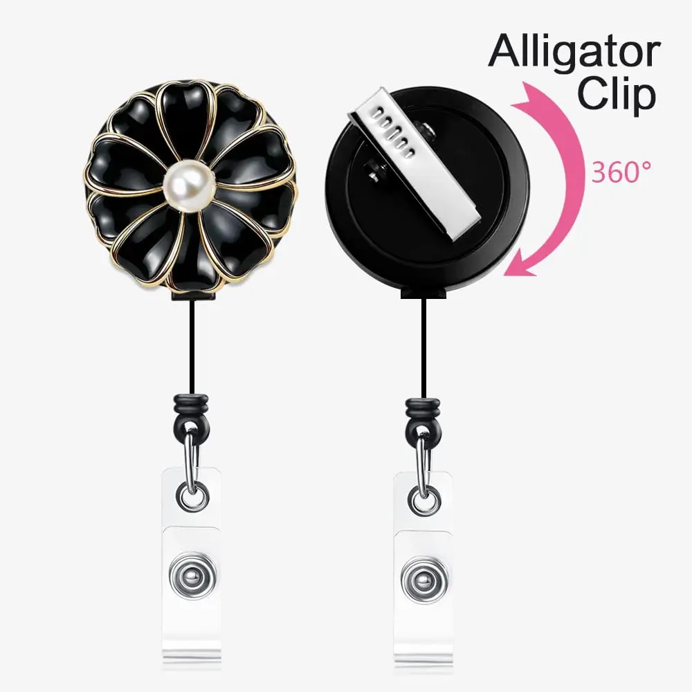 Qinsuee Retractable Badge Holder, ID Badge Reel with Pearl, 3 Pack (Black) | Durable Stainless Steel Clip, 24-inch Max Retract - view 3