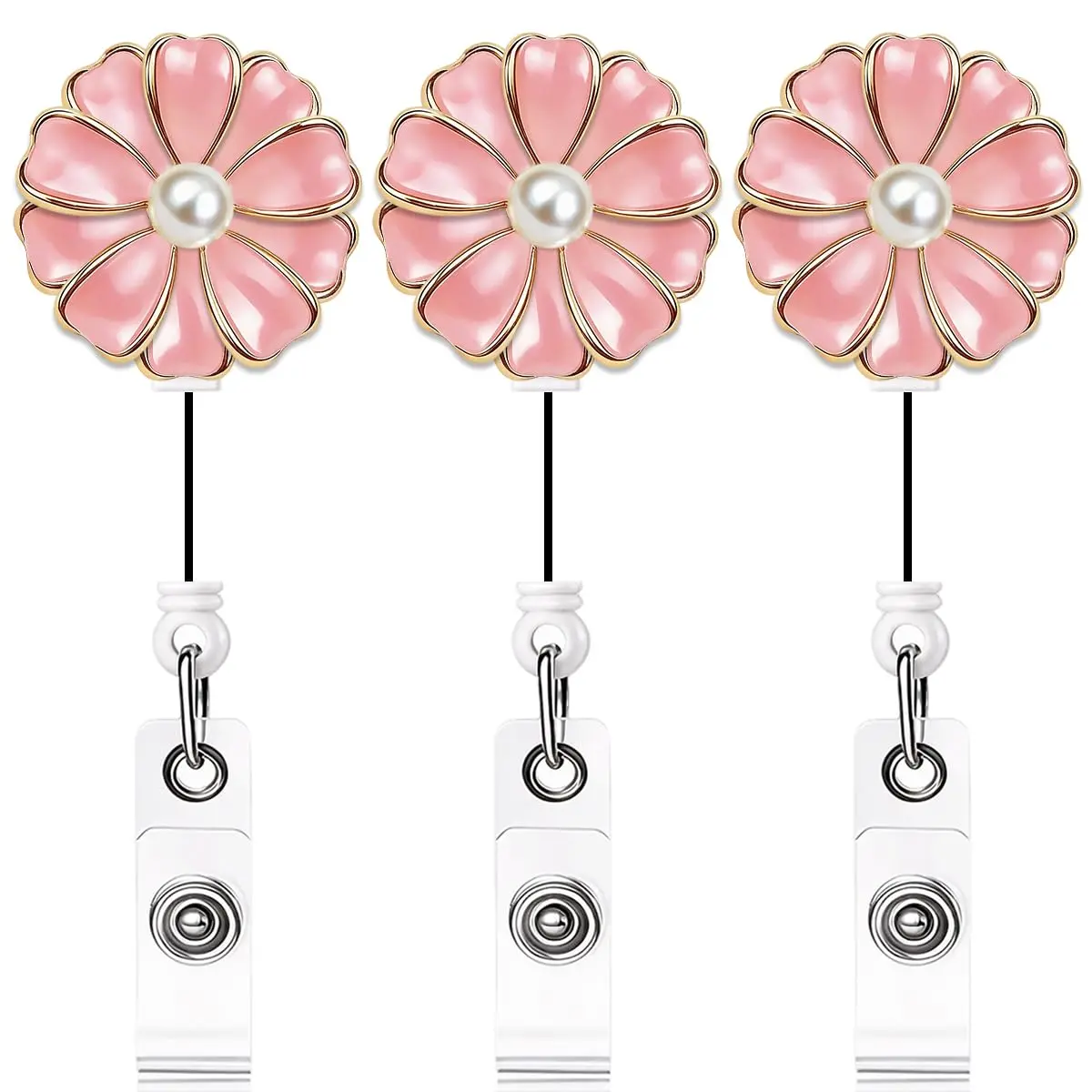 Qinsuee Pink 3 Pack Badge Holder | Retractable ID Badge Reel with Pearl, 24-inch Max Length - main product image
