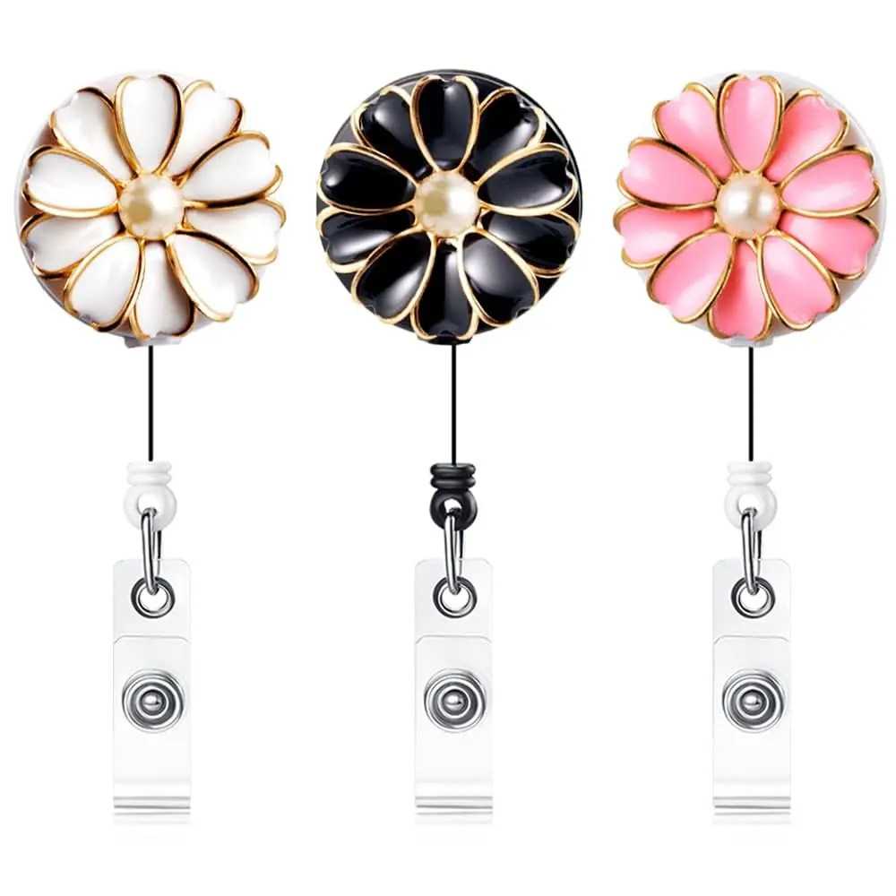 Qinsuee Badge Holder with Pearl & Alligator Clip | 24 inch Retractable Cord, 3 Pack - main product image