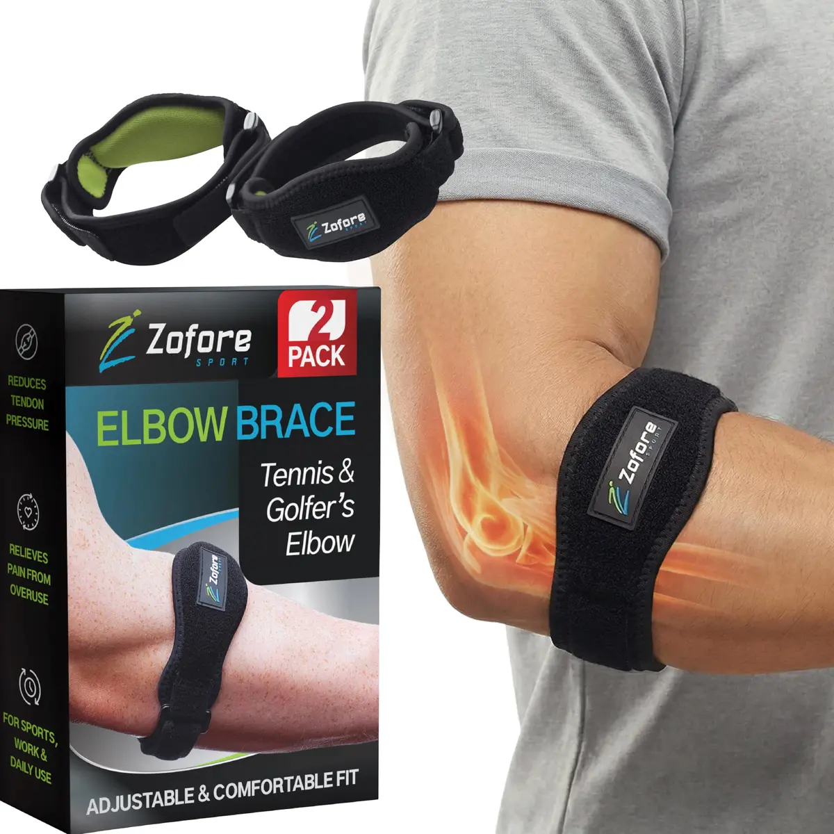ZOFORE SPORT Tennis Elbow Brace With Compression Pad | Effective Pain Relief for Men & Women (One Size, Black) - main product image